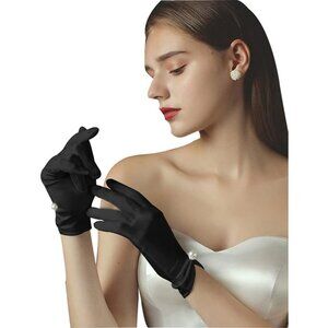Women's Evening Black-Satin Tulle Short Lace Gloves Wrist Wedding Bridal Party